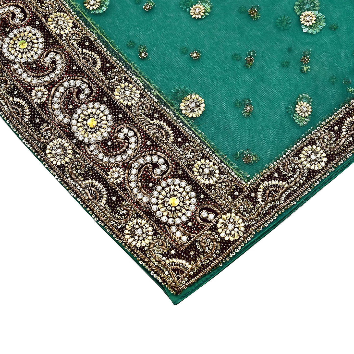 Indian Vintage Heavy Bridal Green Dupatta Net Mesh Long Stole Hand Embroidered Scarf Zardozi Zari Sequins Wedding Stole Veil hijab