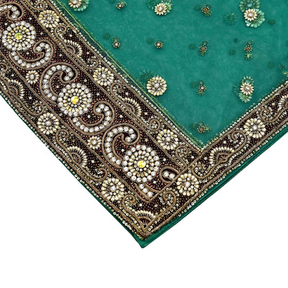 Indian Vintage Heavy Bridal Green Dupatta Net Mesh Long Stole Hand Embroidered Scarf Zardozi Zari Sequins Wedding Stole Veil hijab