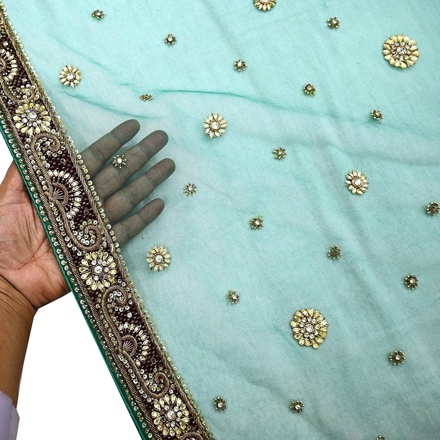 Indian Vintage Heavy Bridal Green Dupatta Net Mesh Long Stole Hand Embroidered Scarf Zardozi Zari Sequins Wedding Stole Veil hijab