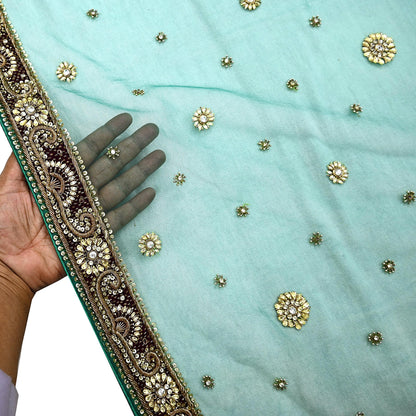 Indian Vintage Heavy Bridal Green Dupatta Net Mesh Long Stole Hand Embroidered Scarf Zardozi Zari Sequins Wedding Stole Veil hijab