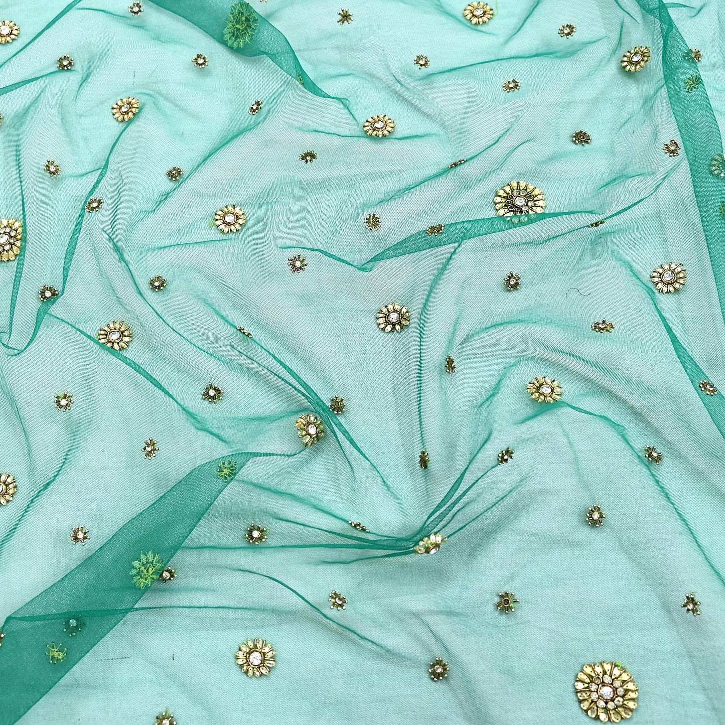 Indian Vintage Heavy Bridal Green Dupatta Net Mesh Long Stole Hand Embroidered Scarf Zardozi Zari Sequins Wedding Stole Veil hijab