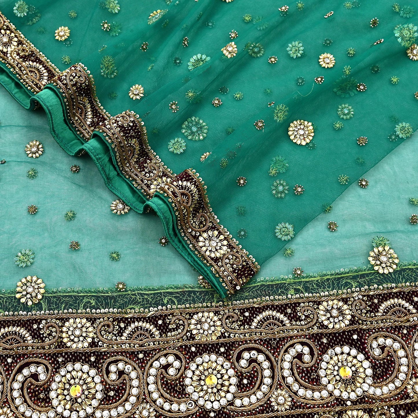 Indian Vintage Heavy Bridal Green Dupatta Net Mesh Long Stole Hand Embroidered Scarf Zardozi Zari Sequins Wedding Stole Veil hijab