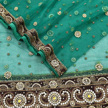 Indian Vintage Heavy Bridal Green Dupatta Net Mesh Long Stole Hand Embroidered Scarf Zardozi Zari Sequins Wedding Stole Veil hijab