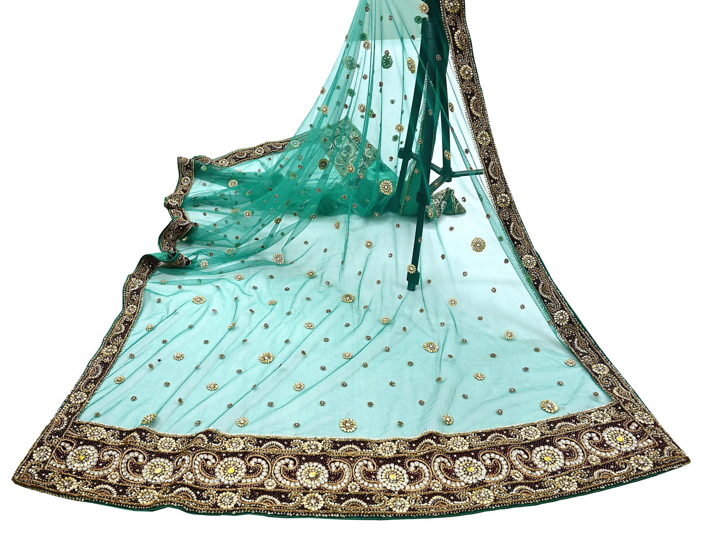 Indian Vintage Heavy Bridal Green Dupatta Net Mesh Long Stole Hand Embroidered Scarf Zardozi Zari Sequins Wedding Stole Veil hijab