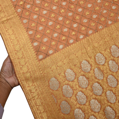Heavy Saffron Saree Blend Georgette Hand Embroidered Sari Craft Fabric 5Yd Soft Ethnic Zari with Matching Blouse fabric