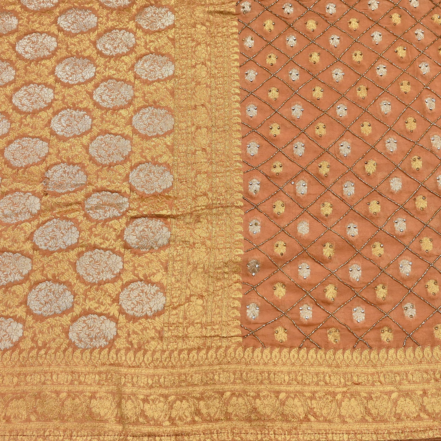 Heavy Saffron Saree Blend Georgette Hand Embroidered Sari Craft Fabric 5Yd Soft Ethnic Zari with Matching Blouse fabric