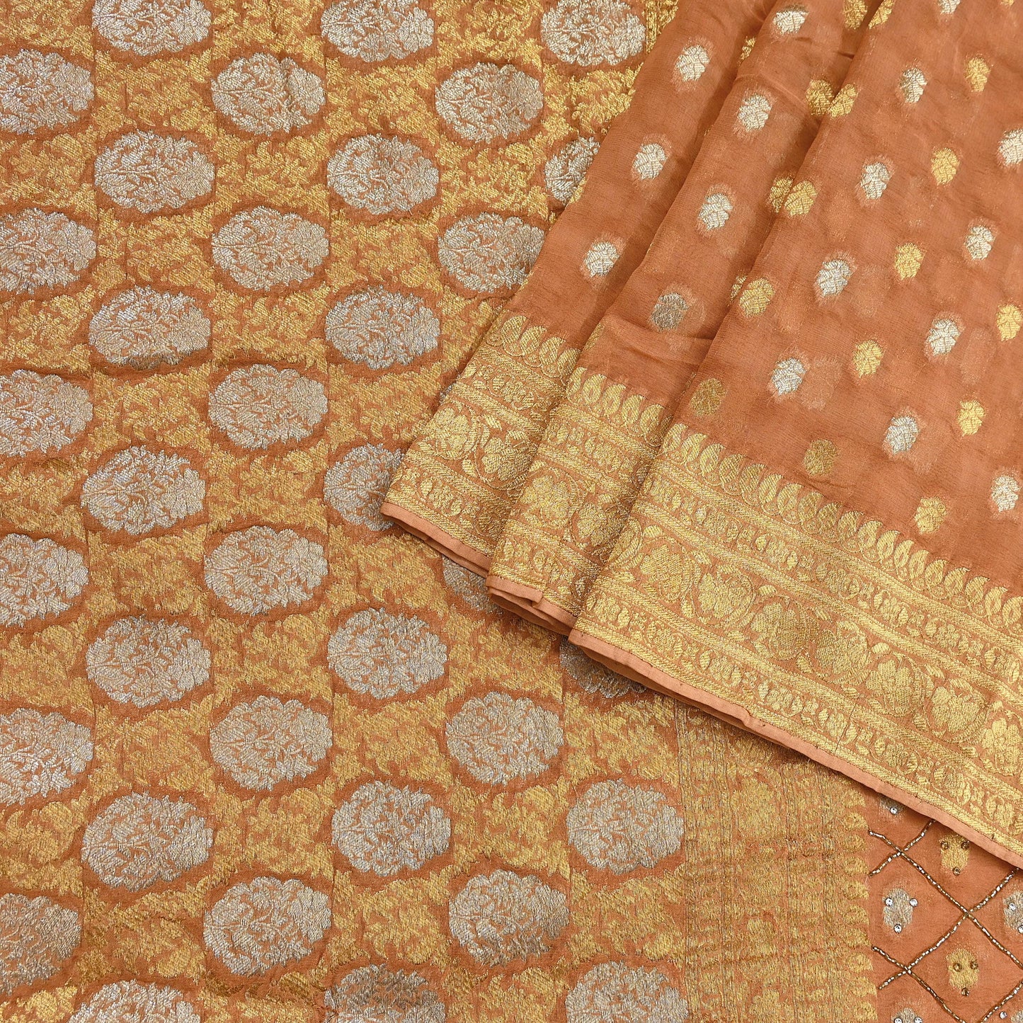 Heavy Saffron Saree Blend Georgette Hand Embroidered Sari Craft Fabric 5Yd Soft Ethnic Zari with Matching Blouse fabric