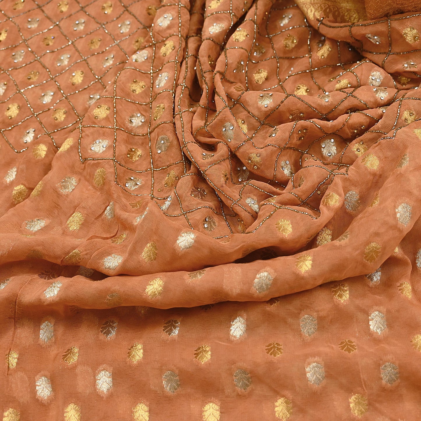 Heavy Saffron Saree Blend Georgette Hand Embroidered Sari Craft Fabric 5Yd Soft Ethnic Zari with Matching Blouse fabric