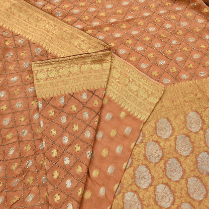Heavy Saffron Saree Blend Georgette Hand Embroidered Sari Craft Fabric 5Yd Soft Ethnic Zari with Matching Blouse fabric