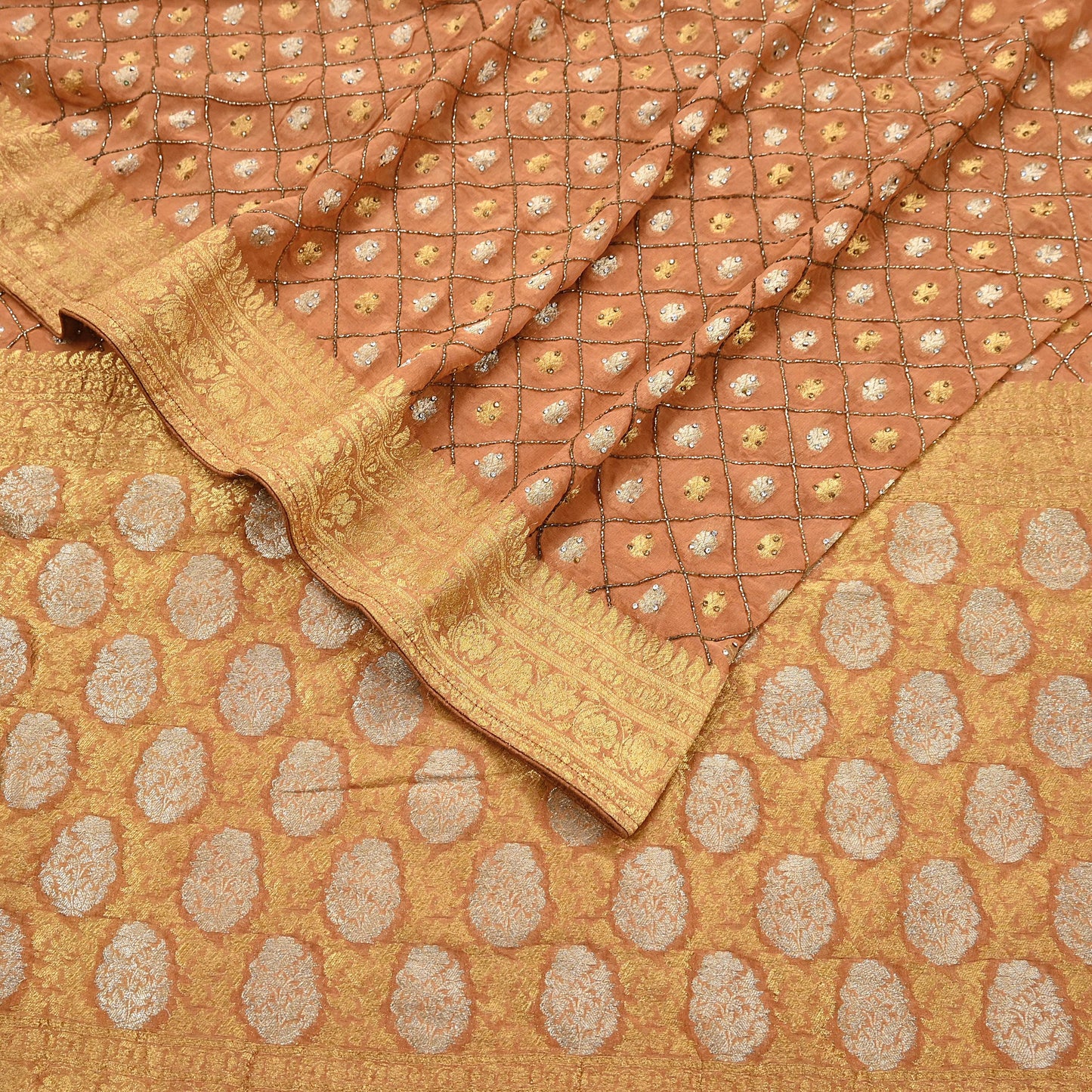 Heavy Saffron Saree Blend Georgette Hand Embroidered Sari Craft Fabric 5Yd Soft Ethnic Zari with Matching Blouse fabric
