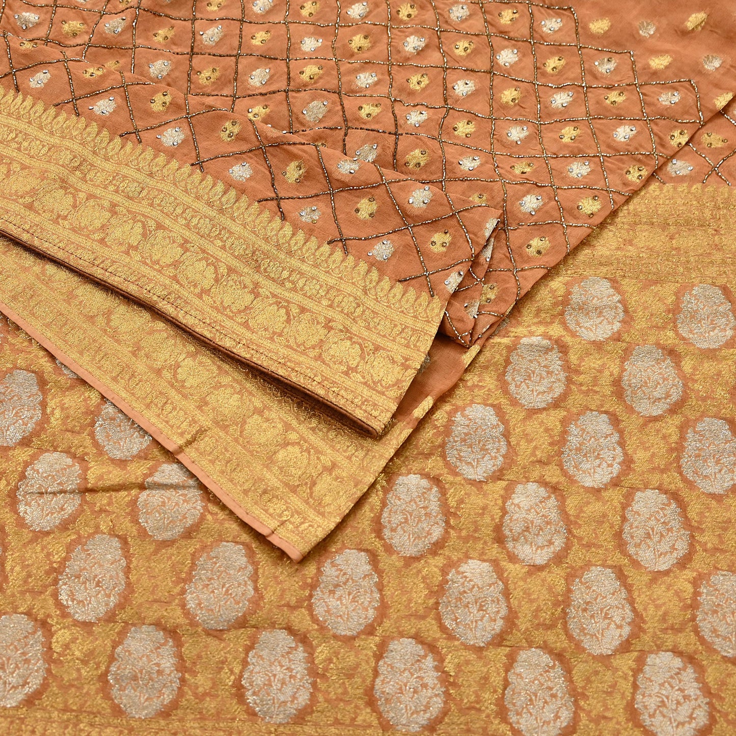 Heavy Saffron Saree Blend Georgette Hand Embroidered Sari Craft Fabric 5Yd Soft Ethnic Zari with Matching Blouse fabric