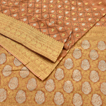 Heavy Saffron Saree Blend Georgette Hand Embroidered Sari Craft Fabric 5Yd Soft Ethnic Zari with Matching Blouse fabric