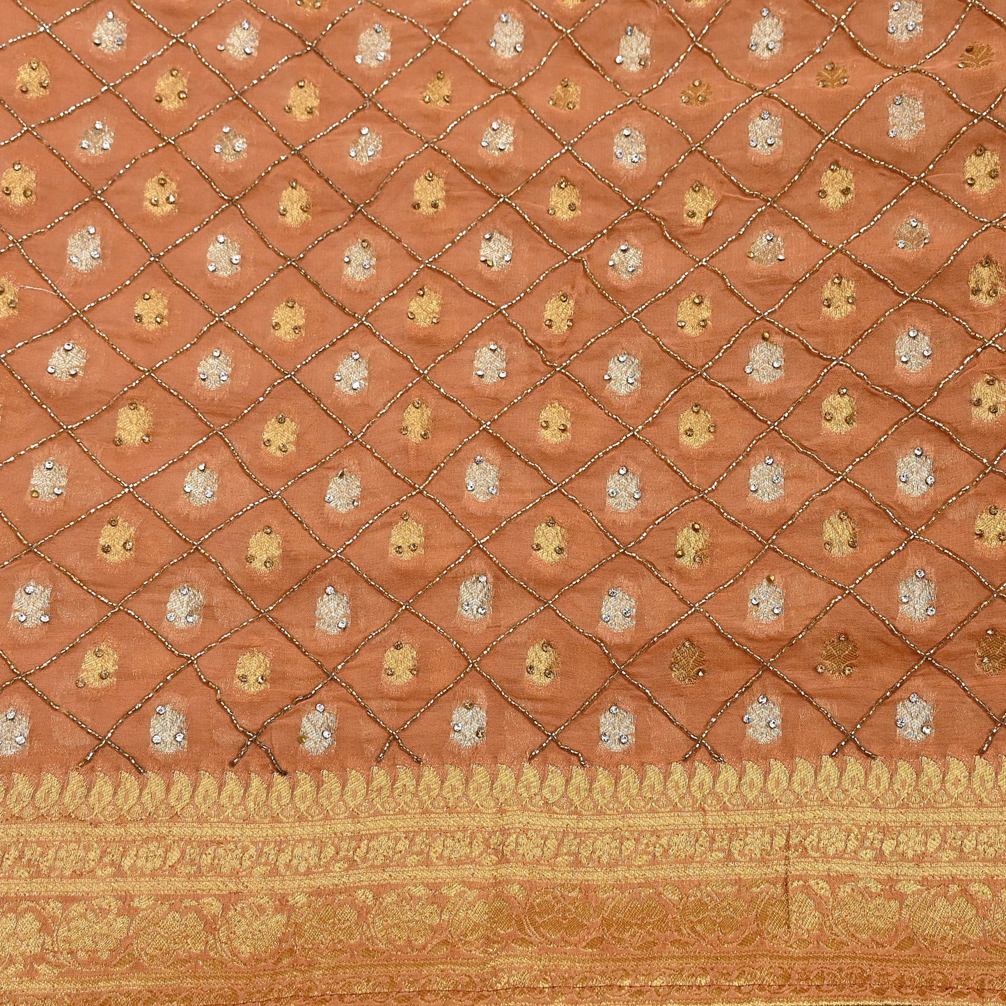 Heavy Saffron Saree Blend Georgette Hand Embroidered Sari Craft Fabric 5Yd Soft Ethnic Zari with Matching Blouse fabric