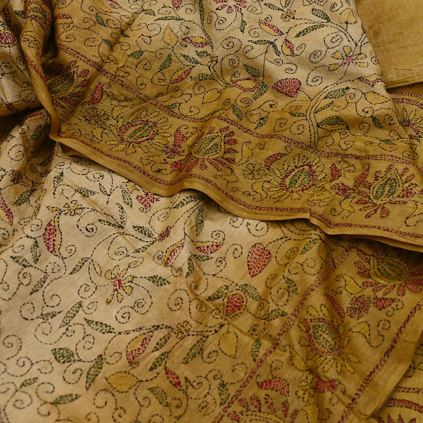 Indian Vintage Beige & Green Saree 100% Pure Silk Hand Embroidered Kantha Sari Fabric 5Yd Sewing Floral Sequin