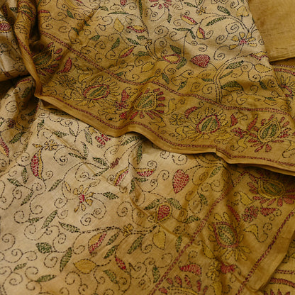 Indian Vintage Beige & Green Saree 100% Pure Silk Hand Embroidered Kantha Sari Fabric 5Yd Sewing Floral Sequin