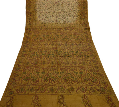 Indian Vintage Beige & Green Saree 100% Pure Silk Hand Embroidered Kantha Sari Fabric 5Yd Sewing Floral Sequin