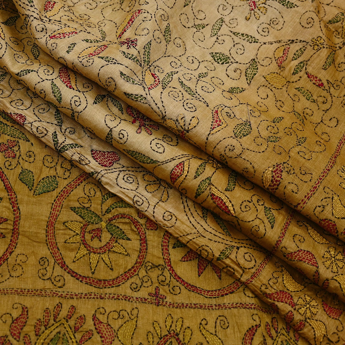Indian Vintage Beige & Green Saree 100% Pure Silk Hand Embroidered Kantha Sari Fabric 5Yd Sewing Floral Sequin
