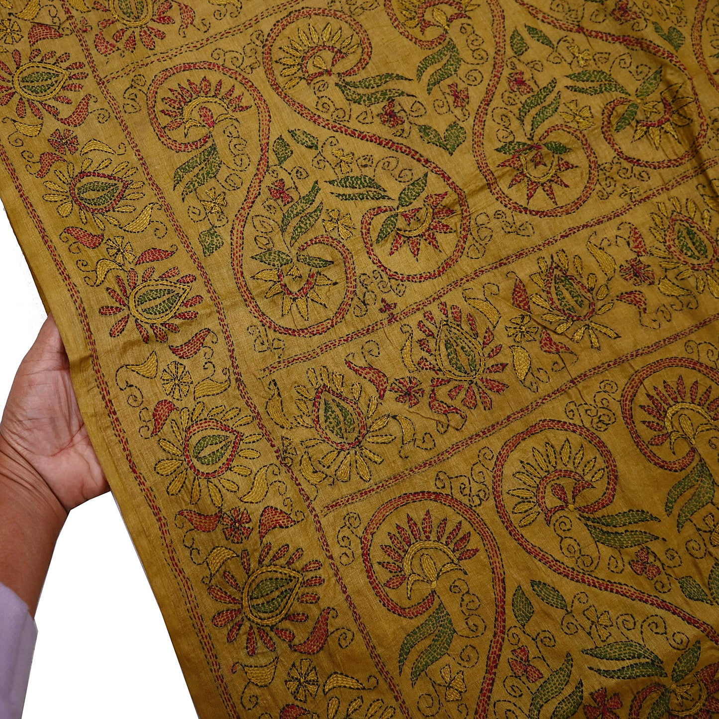 Indian Vintage Beige & Green Saree 100% Pure Silk Hand Embroidered Kantha Sari Fabric 5Yd Sewing Floral Sequin