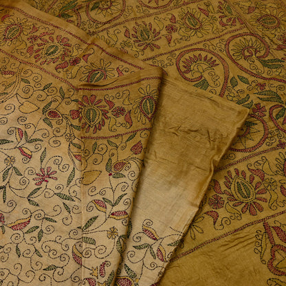 Indian Vintage Beige & Green Saree 100% Pure Silk Hand Embroidered Kantha Sari Fabric 5Yd Sewing Floral Sequin