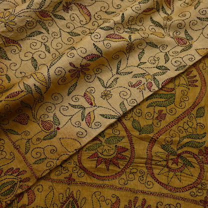 Indian Vintage Beige & Green Saree 100% Pure Silk Hand Embroidered Kantha Sari Fabric 5Yd Sewing Floral Sequin