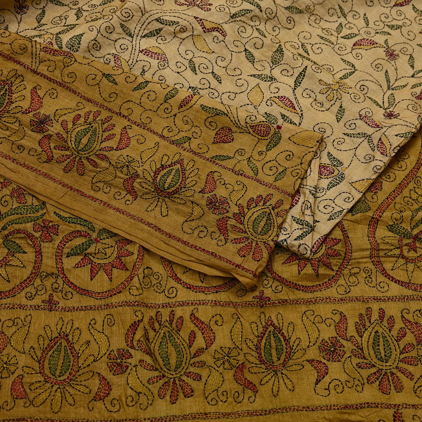 Indian Vintage Beige & Green Saree 100% Pure Silk Hand Embroidered Kantha Sari Fabric 5Yd Sewing Floral Sequin