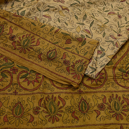Indian Vintage Beige & Green Saree 100% Pure Silk Hand Embroidered Kantha Sari Fabric 5Yd Sewing Floral Sequin