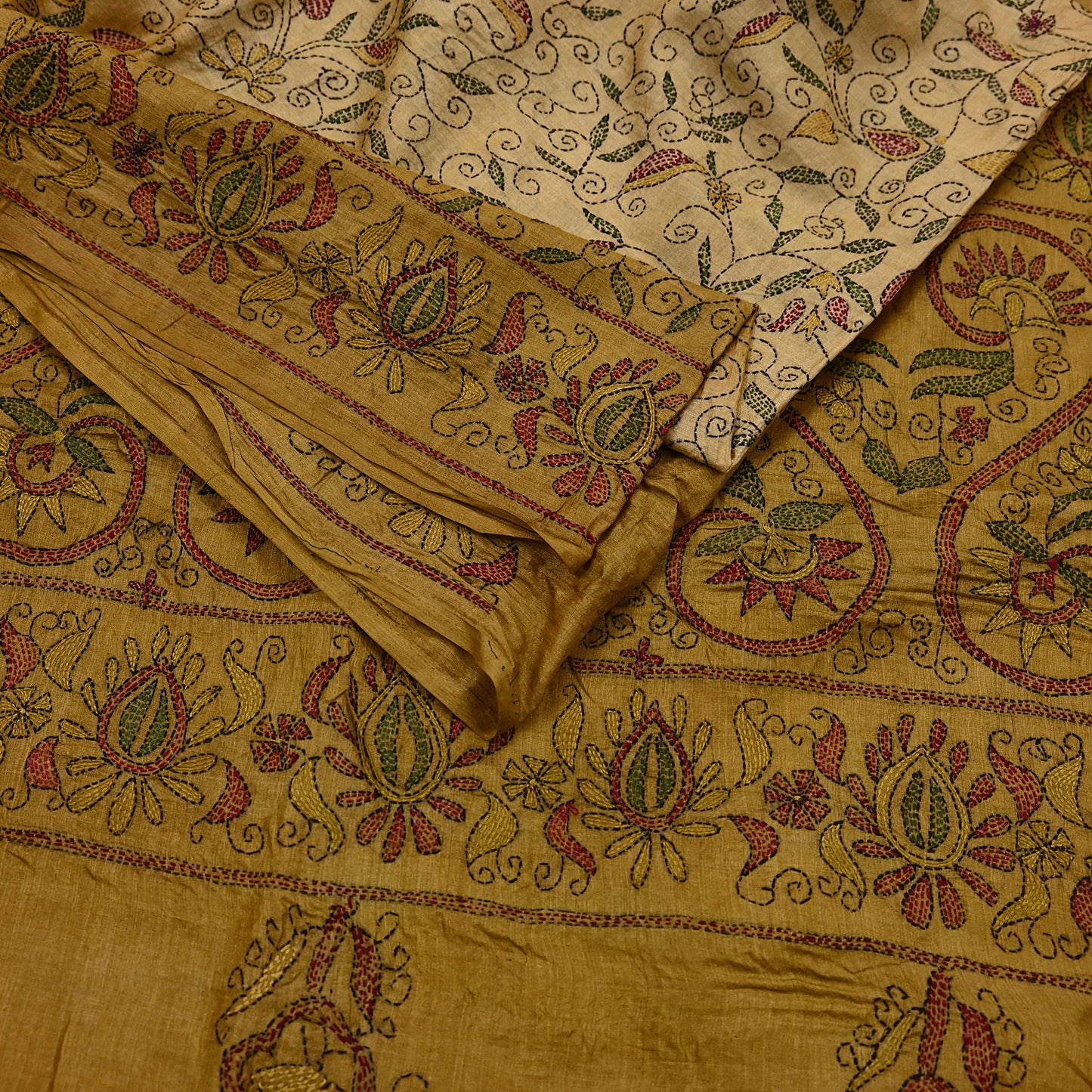 Indian Vintage Beige & Green Saree 100% Pure Silk Hand Embroidered Kantha Sari Fabric 5Yd Sewing Floral Sequin