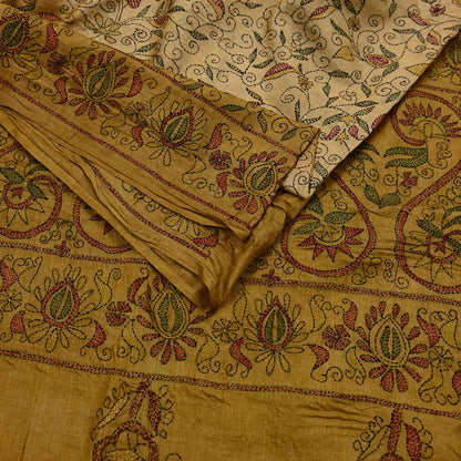 Indian Vintage Beige & Green Saree 100% Pure Silk Hand Embroidered Kantha Sari Fabric 5Yd Sewing Floral Sequin