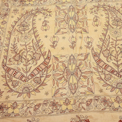 Indian Vintage Beige & Green Saree 100% Pure Silk Hand Embroidered Kantha Sari Fabric 5Yd Sewing Floral Sequin