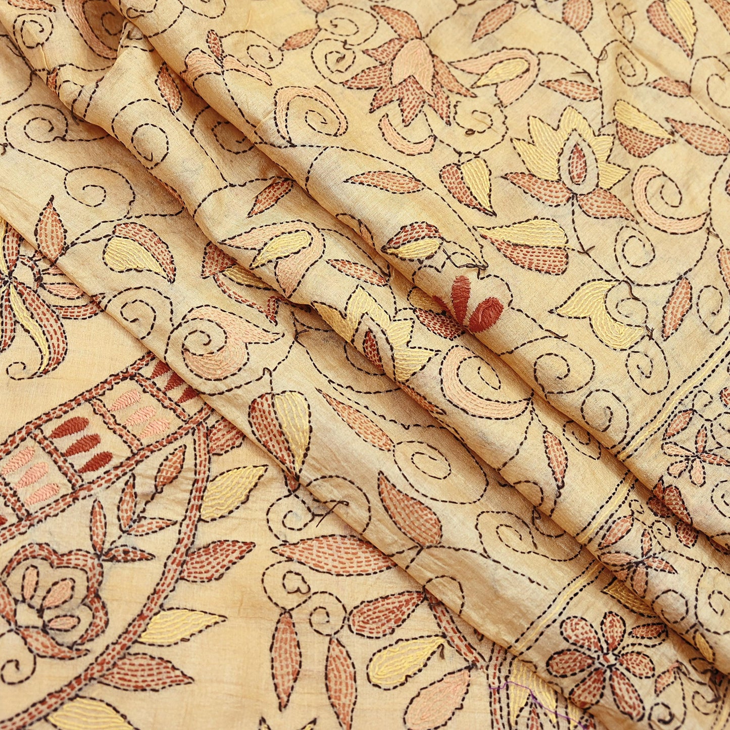 Indian Vintage Beige & Green Saree 100% Pure Silk Hand Embroidered Kantha Sari Fabric 5Yd Sewing Floral Sequin