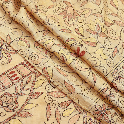 Indian Vintage Beige & Green Saree 100% Pure Silk Hand Embroidered Kantha Sari Fabric 5Yd Sewing Floral Sequin