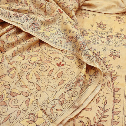 Indian Vintage Beige & Green Saree 100% Pure Silk Hand Embroidered Kantha Sari Fabric 5Yd Sewing Floral Sequin