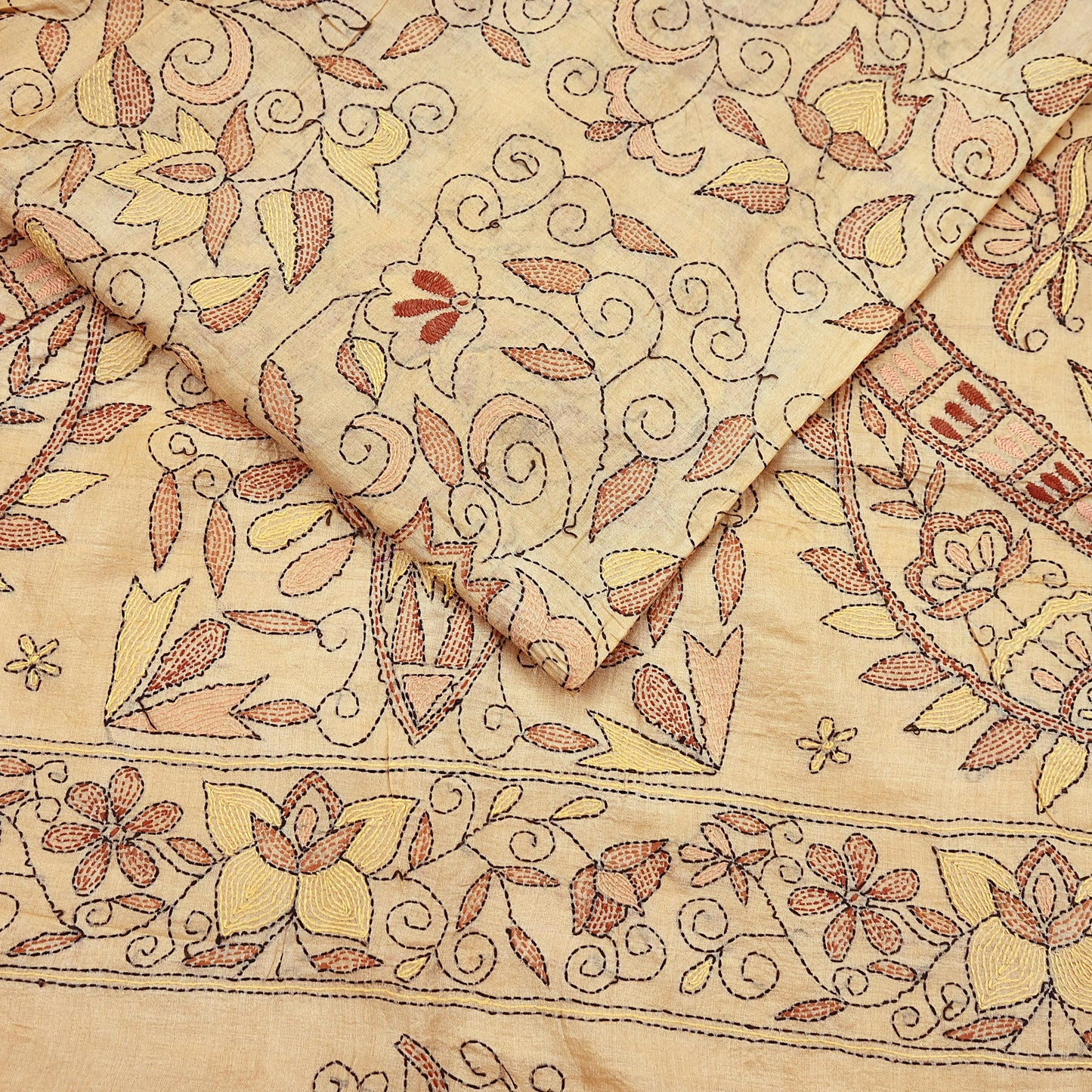 Indian Vintage Beige & Green Saree 100% Pure Silk Hand Embroidered Kantha Sari Fabric 5Yd Sewing Floral Sequin