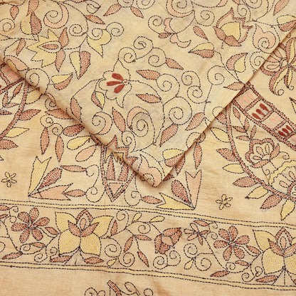 Indian Vintage Beige & Green Saree 100% Pure Silk Hand Embroidered Kantha Sari Fabric 5Yd Sewing Floral Sequin