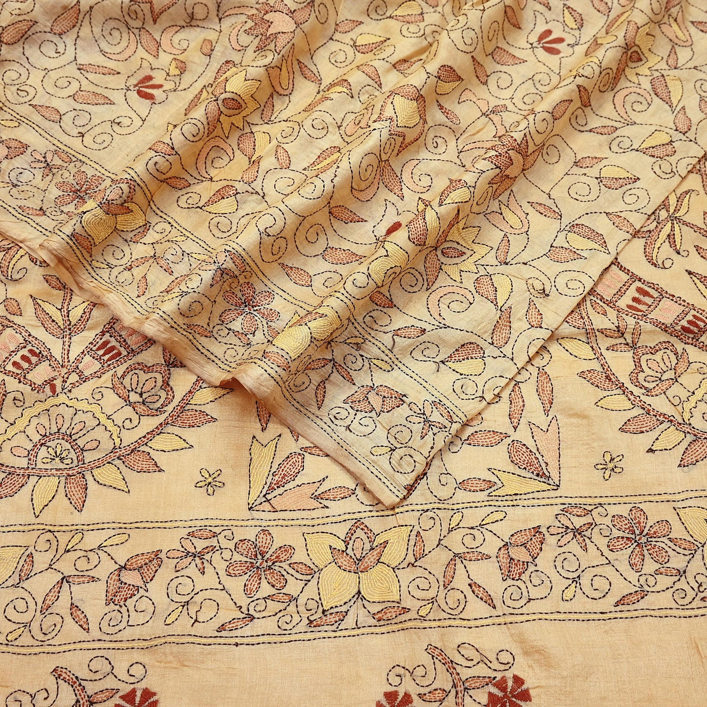 Indian Vintage Beige & Green Saree 100% Pure Silk Hand Embroidered Kantha Sari Fabric 5Yd Sewing Floral Sequin