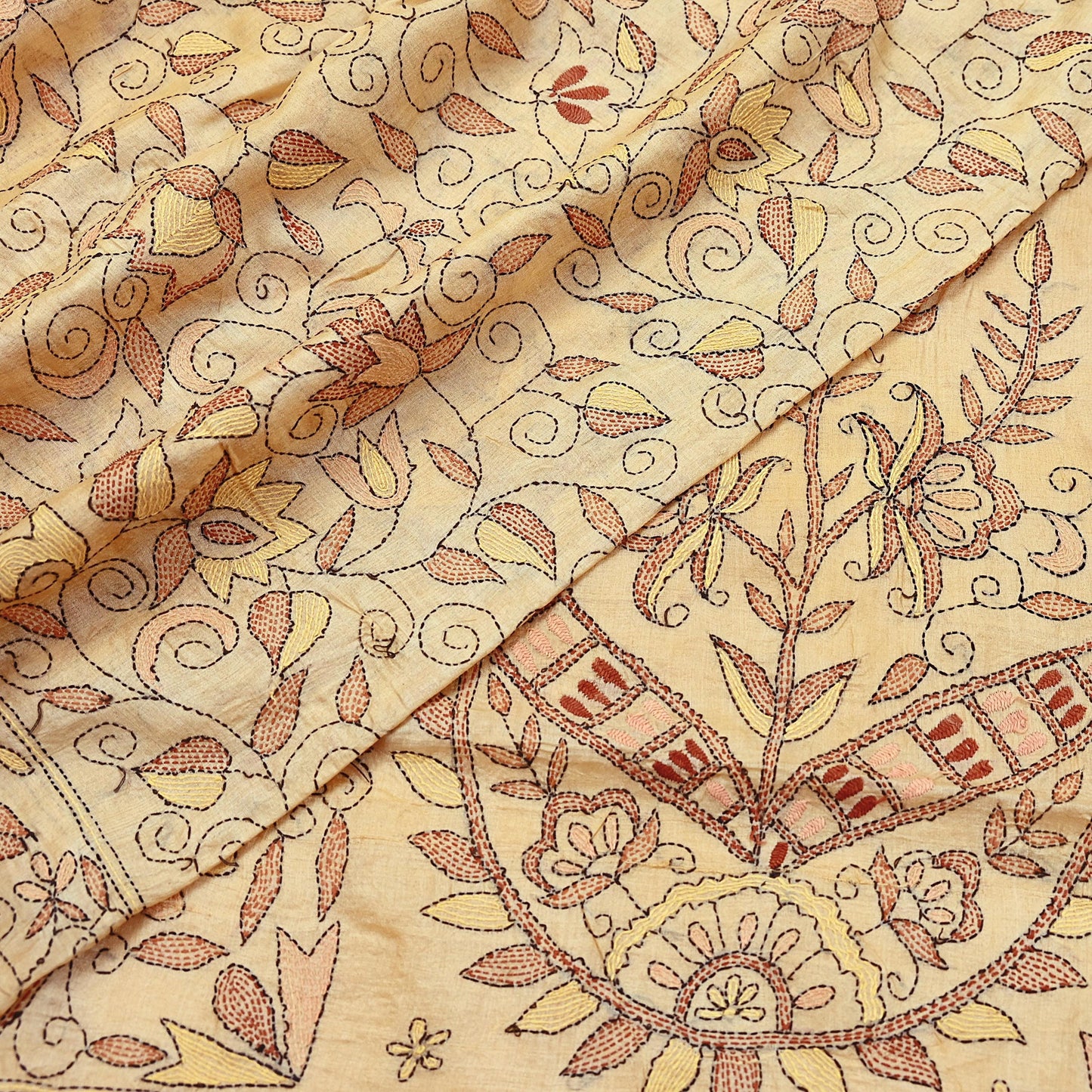 Indian Vintage Beige & Green Saree 100% Pure Silk Hand Embroidered Kantha Sari Fabric 5Yd Sewing Floral Sequin