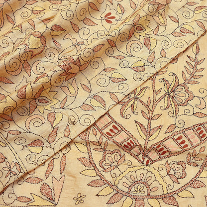 Indian Vintage Beige & Green Saree 100% Pure Silk Hand Embroidered Kantha Sari Fabric 5Yd Sewing Floral Sequin