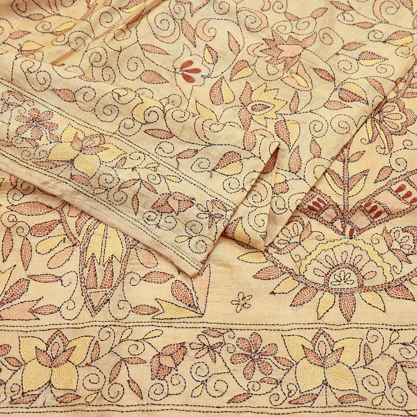 Indian Vintage Beige & Green Saree 100% Pure Silk Hand Embroidered Kantha Sari Fabric 5Yd Sewing Floral Sequin