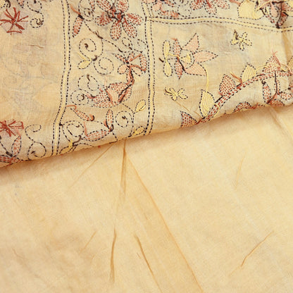 Indian Vintage Beige & Green Saree 100% Pure Silk Hand Embroidered Kantha Sari Fabric 5Yd Sewing Floral Sequin