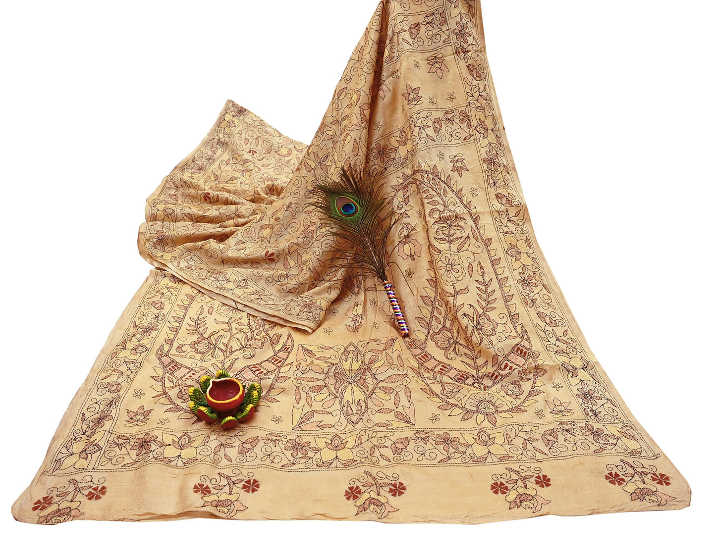 Indian Vintage Beige & Green Saree 100% Pure Silk Hand Embroidered Kantha Sari Fabric 5Yd Sewing Floral Sequin