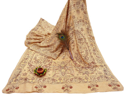Indian Vintage Beige & Green Saree 100% Pure Silk Hand Embroidered Kantha Sari Fabric 5Yd Sewing Floral Sequin