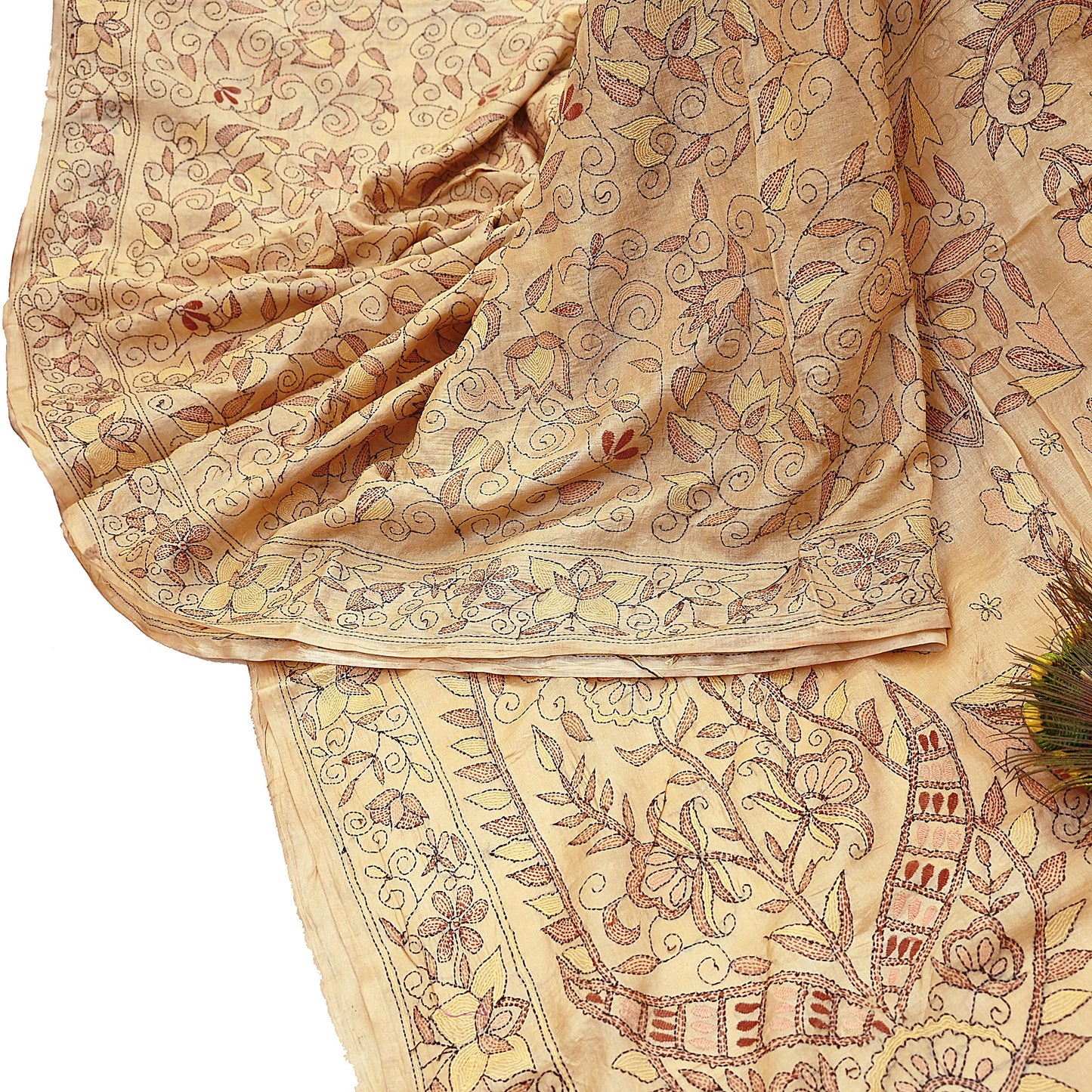 Indian Vintage Beige & Green Saree 100% Pure Silk Hand Embroidered Kantha Sari Fabric 5Yd Sewing Floral Sequin