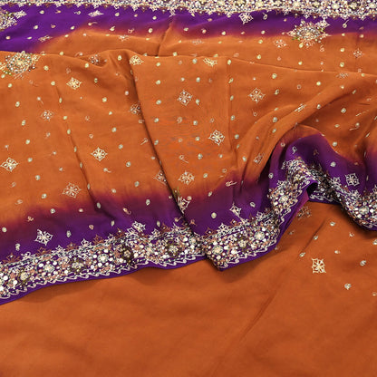 Indian Vintage Sari Purple & Mustard Pure Crepe Silk Hand Embroidered Sarees 6yd Sewing Floral Craft Sequins Dress making Crafting Quilting