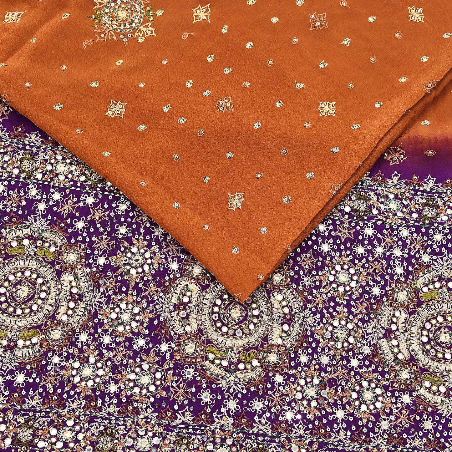 Indian Vintage Sari Purple & Mustard Pure Crepe Silk Hand Embroidered Sarees 6yd Sewing Floral Craft Sequins Dress making Crafting Quilting