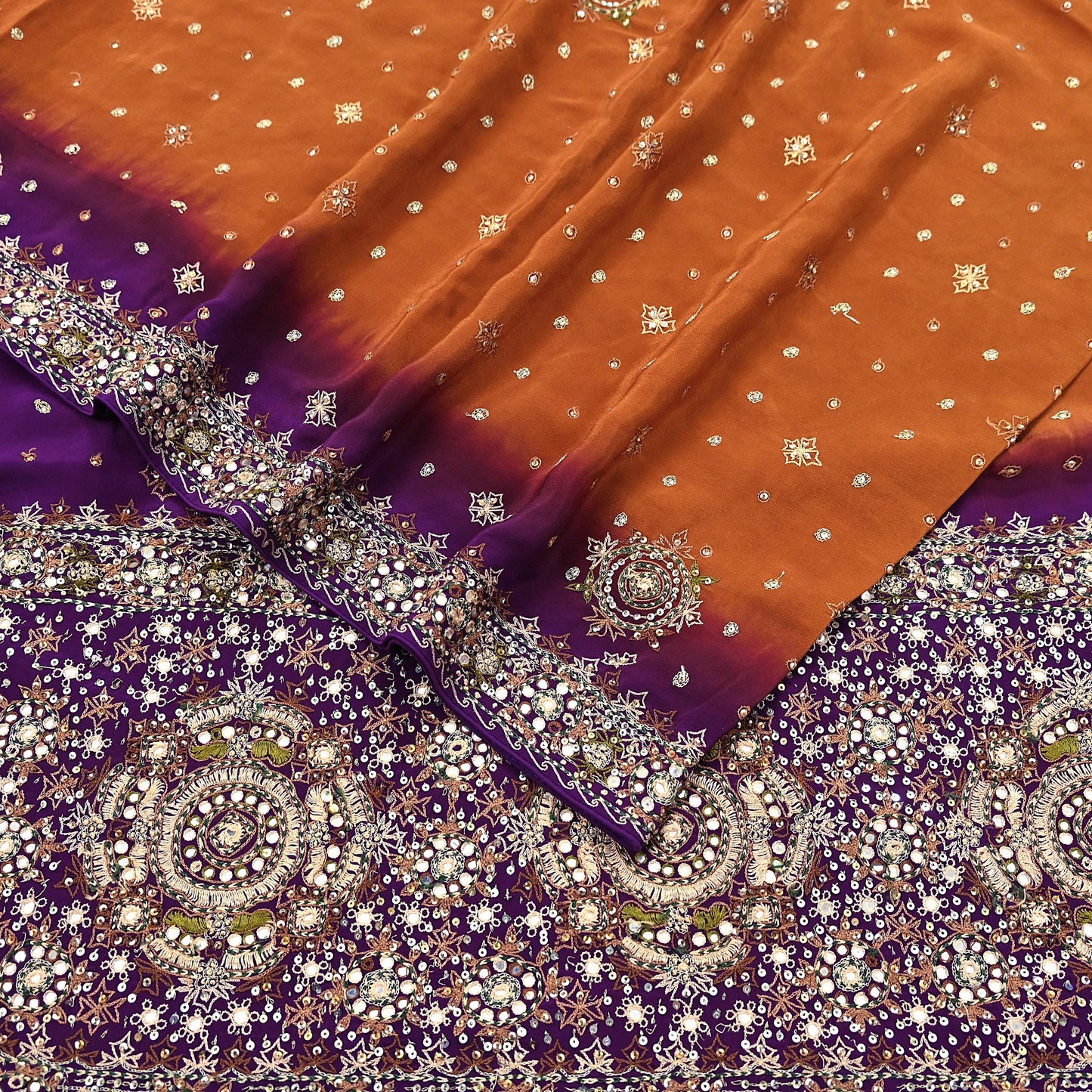 Indian Vintage Sari Purple & Mustard Pure Crepe Silk Hand Embroidered Sarees 6yd Sewing Floral Craft Sequins Dress making Crafting Quilting