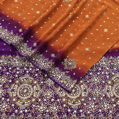 Indian Vintage Sari Purple & Mustard Pure Crepe Silk Hand Embroidered Sarees 6yd Sewing Floral Craft Sequins Dress making Crafting Quilting