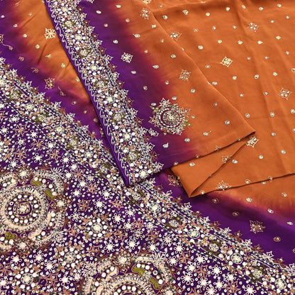 Indian Vintage Sari Purple & Mustard Pure Crepe Silk Hand Embroidered Sarees 6yd Sewing Floral Craft Sequins Dress making Crafting Quilting