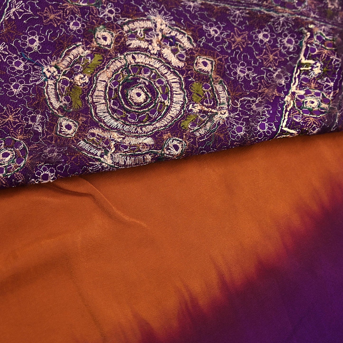 Indian Vintage Sari Purple & Mustard Pure Crepe Silk Hand Embroidered Sarees 6yd Sewing Floral Craft Sequins Dress making Crafting Quilting