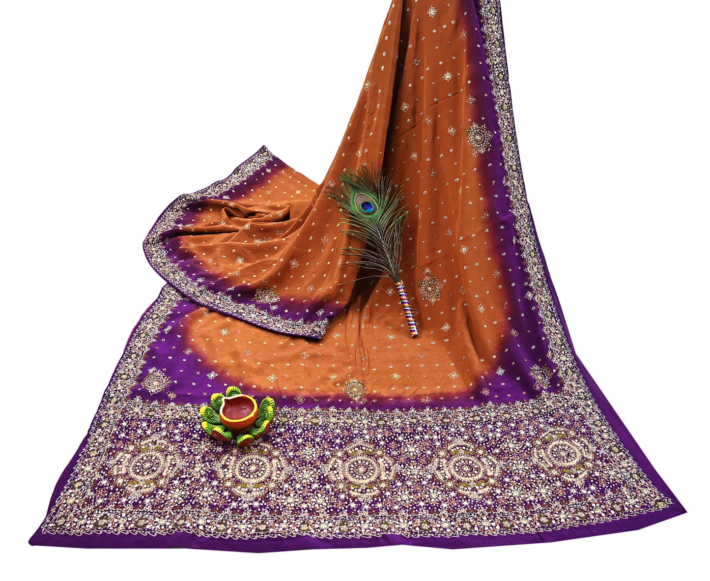 Indian Vintage Sari Purple & Mustard Pure Crepe Silk Hand Embroidered Sarees 6yd Sewing Floral Craft Sequins Dress making Crafting Quilting