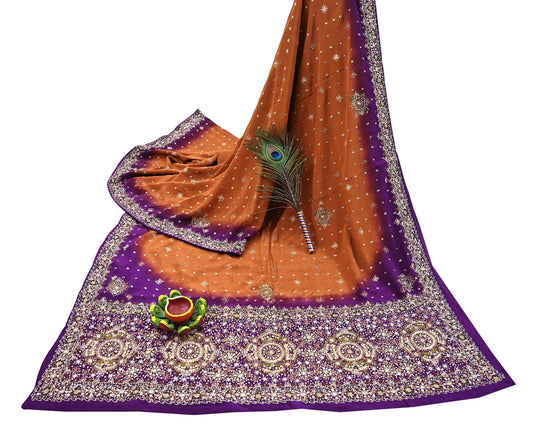 Indian Vintage Sari Purple & Mustard Pure Crepe Silk Hand Embroidered Sarees 6yd Sewing Floral Craft Sequins Dress making Crafting Quilting